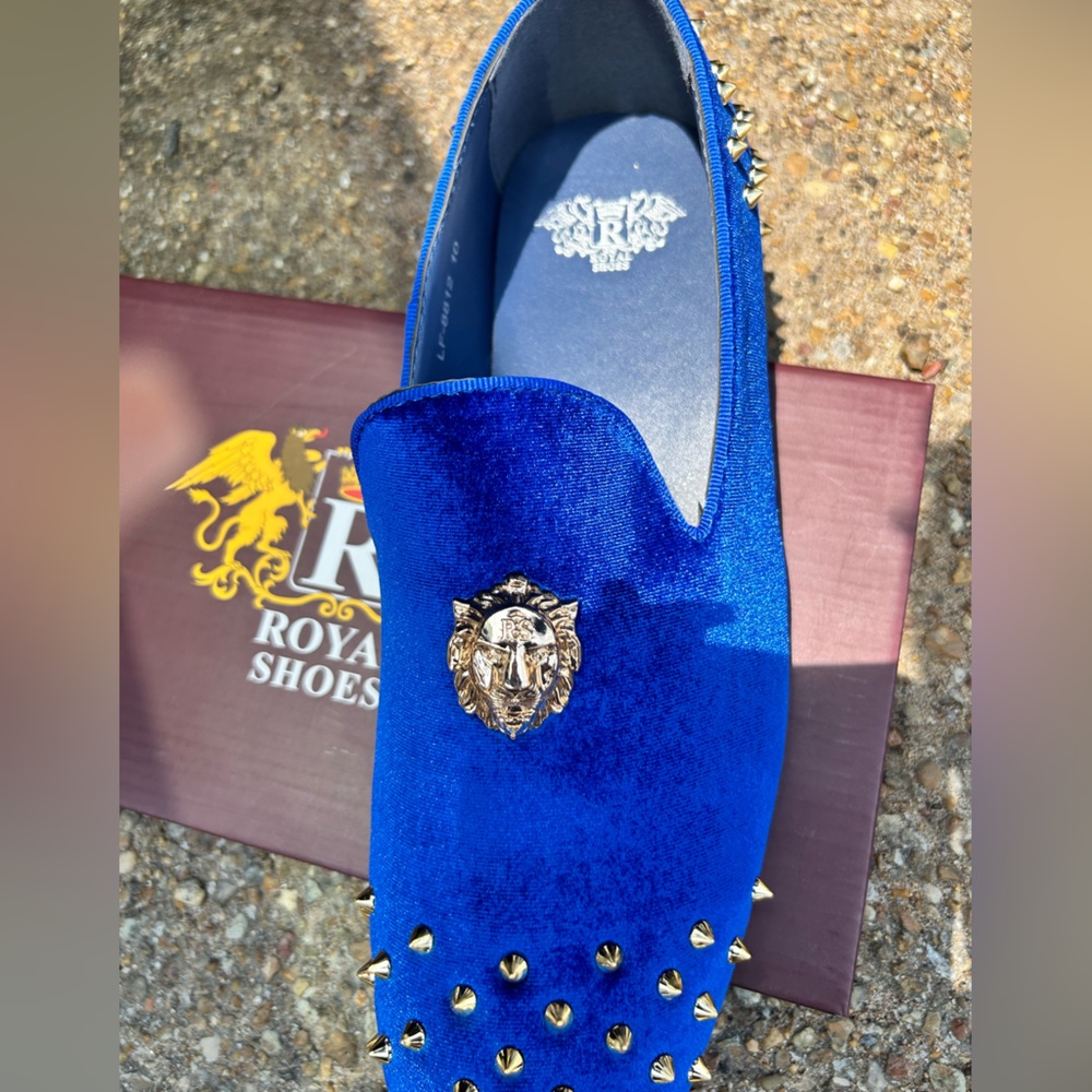 Royal Shoes Royal Blue W/Gold Spikes & Lion Head Red Bottom Slip-on Prom Shoe